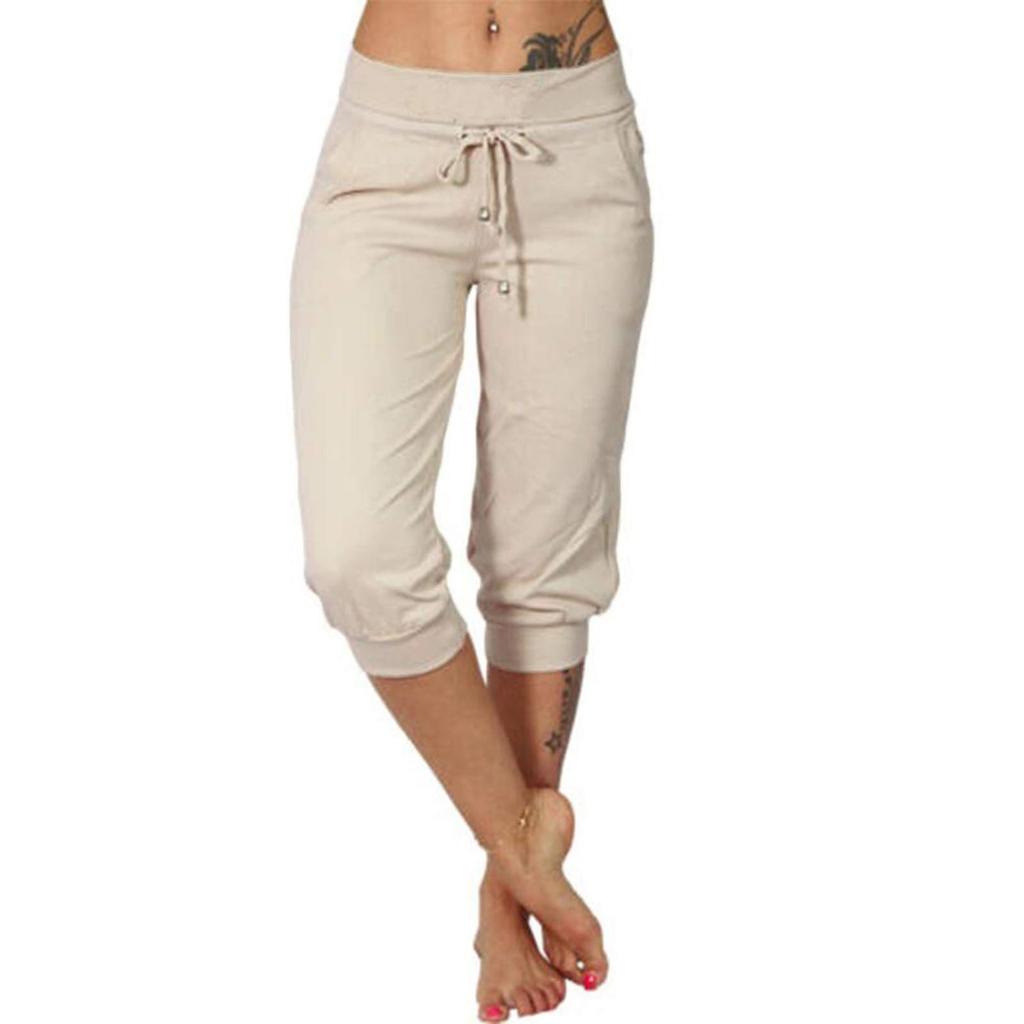 Women Classic Solid Color Jogging Pants Cotton Linen Capris Trousers Bandage Double Pocket Pants Summer Beach Vacation Wear