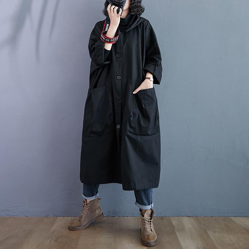 Spring Women s Hooded Button Down Oversized Long Black Trench Coat OneSize