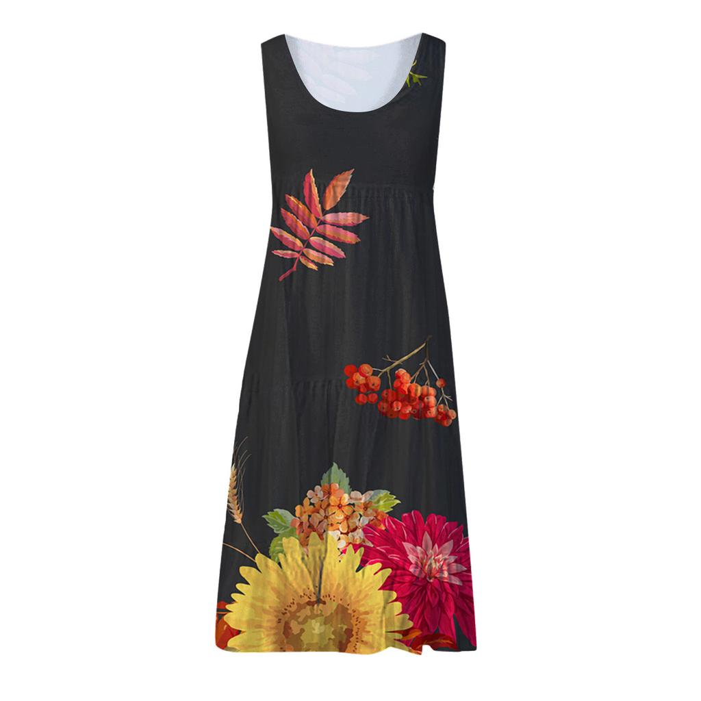 Women's Summer Floral Print Beach Dress Round Neck Sleeveless Dress