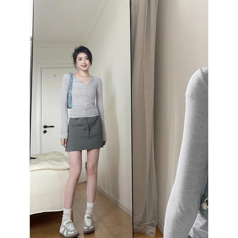 

Chic collar slim-fitting thin long-sleeved T-shirt women s early spring lazy pure desire wind inner top solid color bottoming shirt XL серый