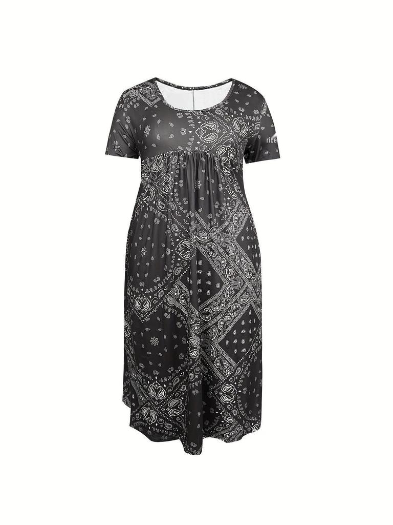 Europäisches & Amerikanisches Sommer Retro Print Mittelhoher Taillenlanger Kleid - Kurzarm, Rundhalsausschnitt, Bequemer Lässiger Stil Pullover