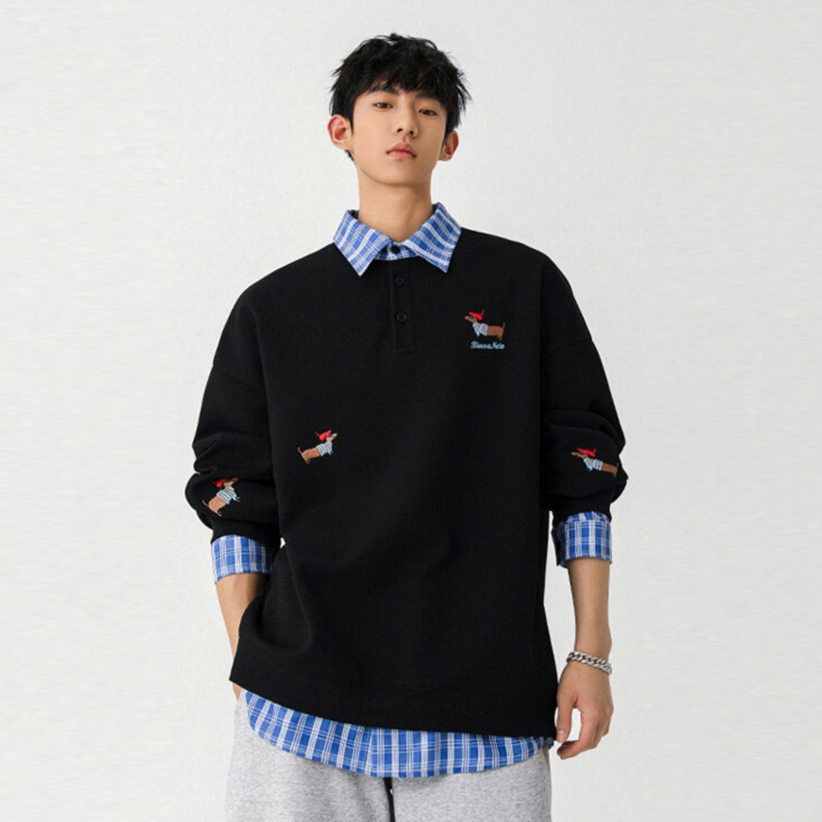 Trendy Men s American-Style Sausage Dog Embroidered Polo Hoodie, Small Size Women s Autumn Two-Piece Top 3XL (83-90kg)