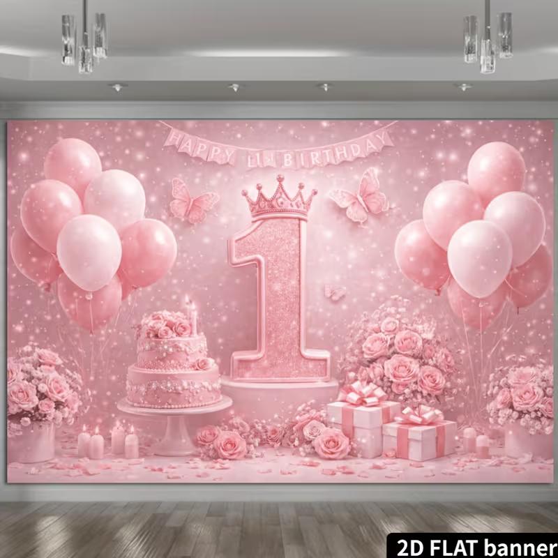 2D Pink Balloon and Cake First Birthday Backdrop Photography Background