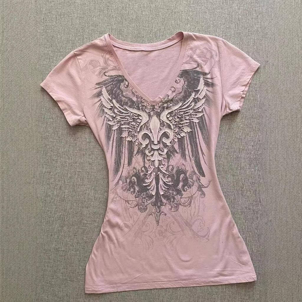Damen figurbetontes rosa V-Ausschnitt Crop Top - Retro Vintage Kurzarm für Sommer 2024