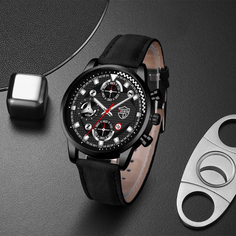 2PCS Set DEYROS Luxury Men's Watch Sports Men's Leather Strap Calendar Watch Fashion Men's Quartz Watch Father's Day Gift