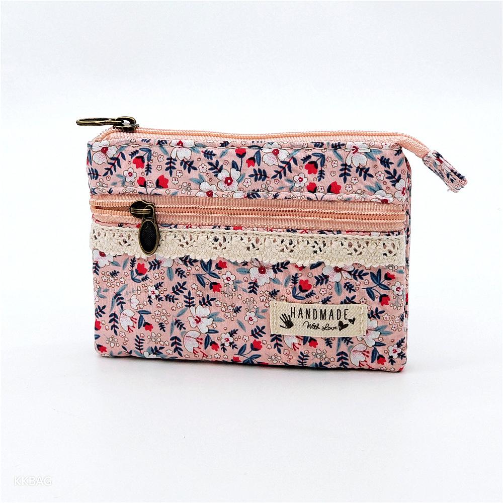 Cotton Coin Purse Portable Female Coin Pouch Canvas Change Bag Double Zipper Floral Card Holder For Women Girls Daily Life