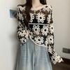 Women Fashion Retro Cotton And Hemp Printing Lapel Long Sleeves Shirt Tops