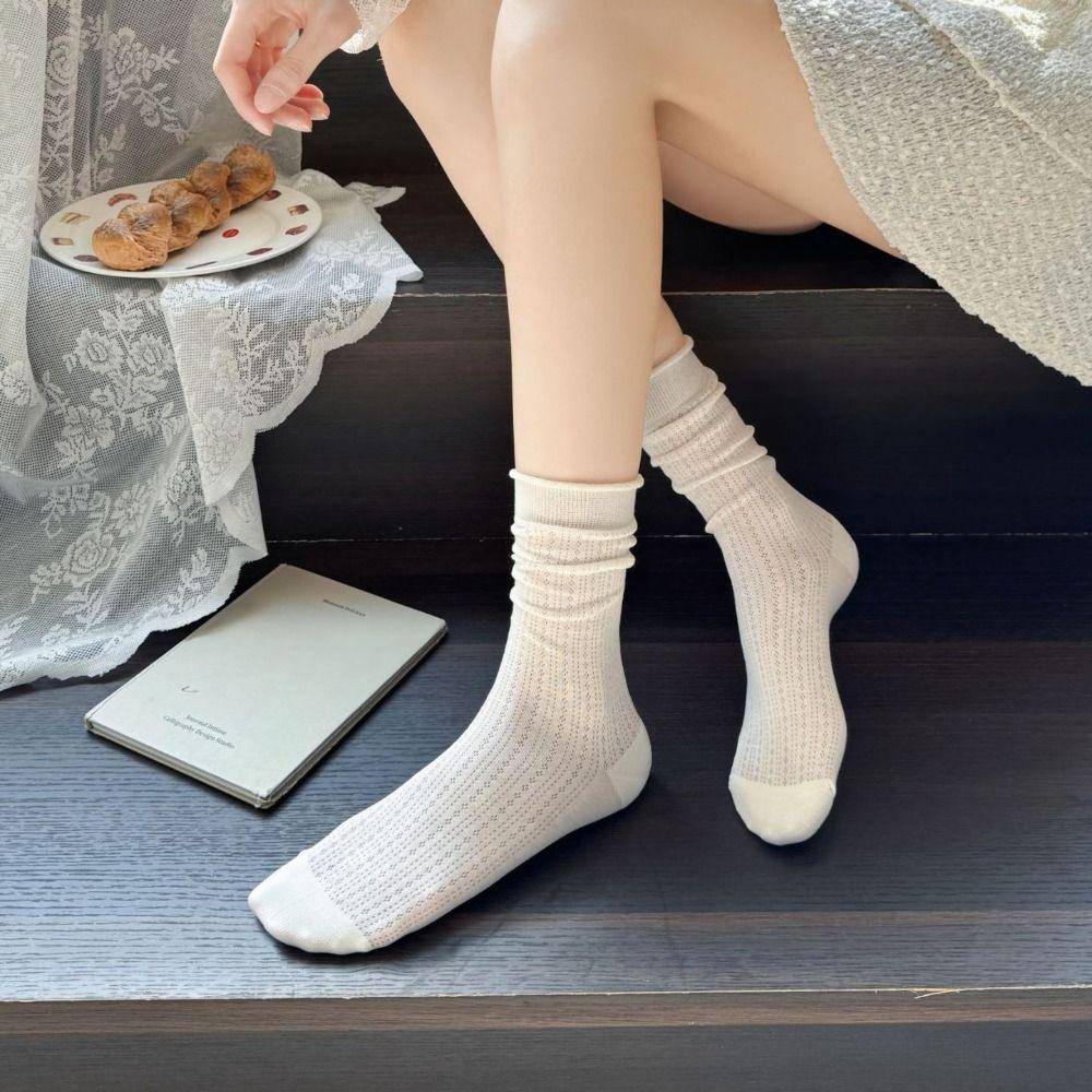 

2Pairs Hollow Out Sweet White Socks Heart Ruffle Tube Socks Women Summer Autumn Stripe