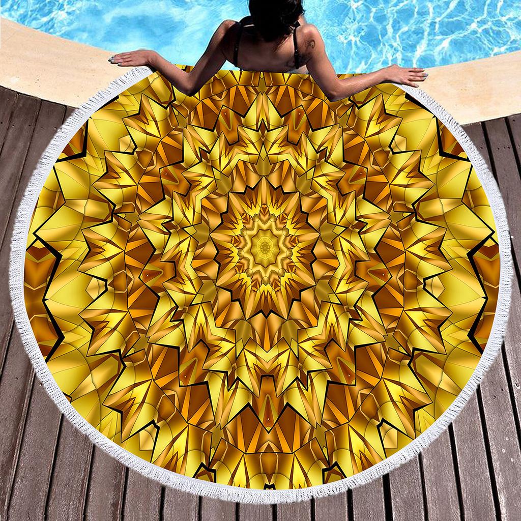 Luxury Gold Vintage Floral Round Beach Towel with Tassels, Microfiber Quick Dry Beach Blanket Absorbent Meditation Rug Yoga Mat
