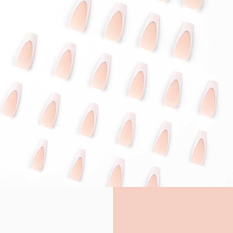 24Pcs/Set Quick Nails French White Edge Silver Powder False Nials Sticker Wearable Waterproof Manicure Finished Nails