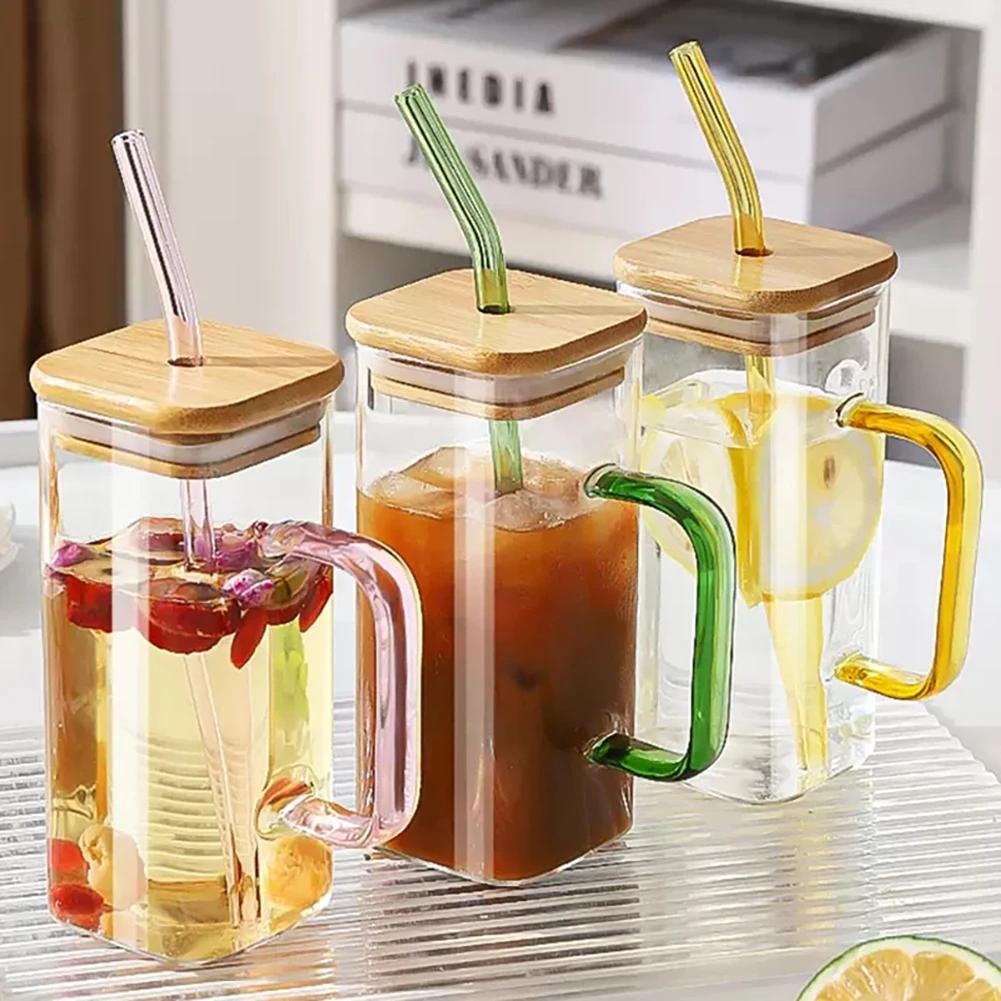 Microwave Safe Square Glass Cup 400Ml Transparent Glass Mug With Lid And Straw For Breakfast Coffee Milk Beer Party Use