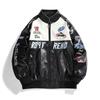 Mens PU Leather Biker Jacket Casual Streetwear Loose Fit Stand Collar Zipper Front