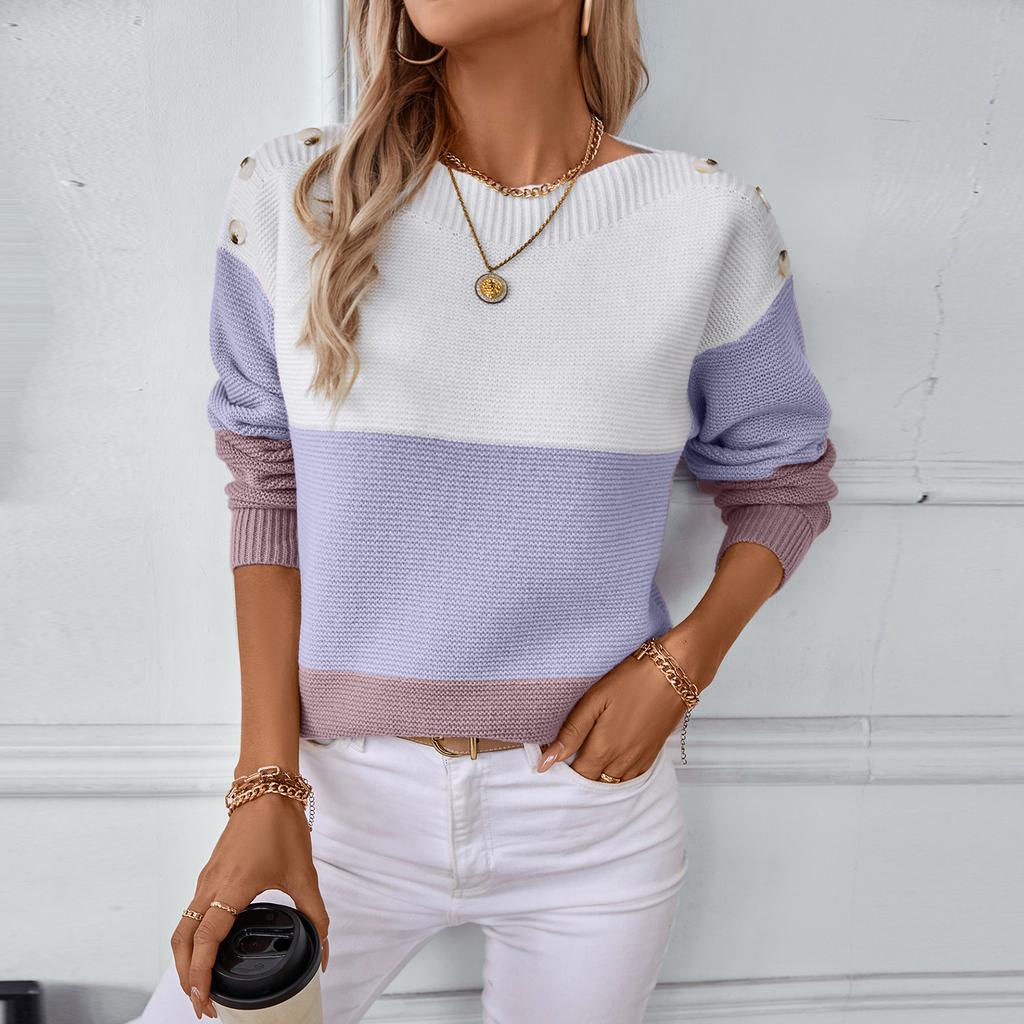 Women's Fashion Casual One-shoulder Button Pullover Knit Cardigan Contrast Color Pullover Long Sleeve Loose Sweater