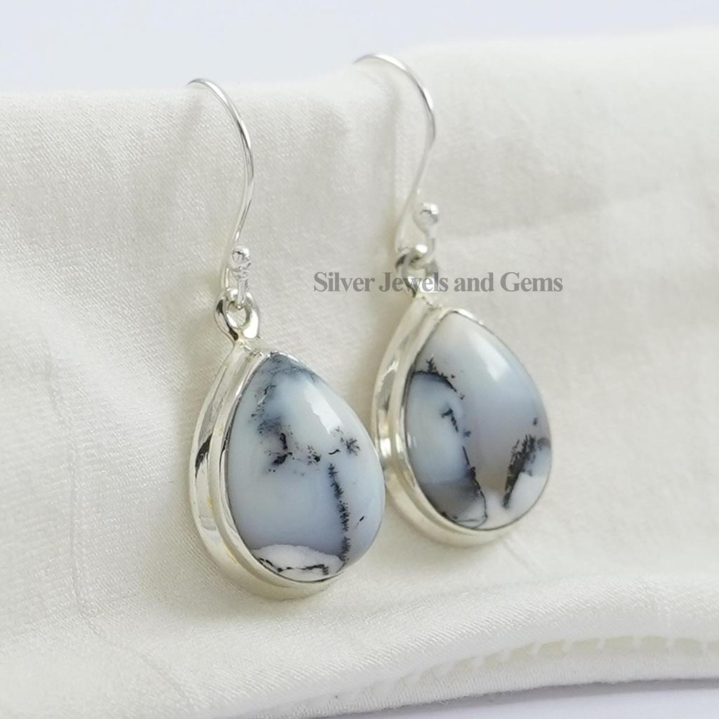 Natural Dendrite Opal Earring, Teardrop Gemstone Earring, Handmade 925 Sterling Silver Earrings, Gift for Mom, Black and White Earring