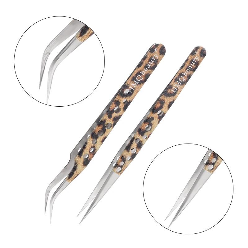 2Pcs Leopard Lash Tweezers Stainless Steel Superhard Tweezer 3D Volume Accurate Anti-Static Eyelash Extension Clip Beauty Tools