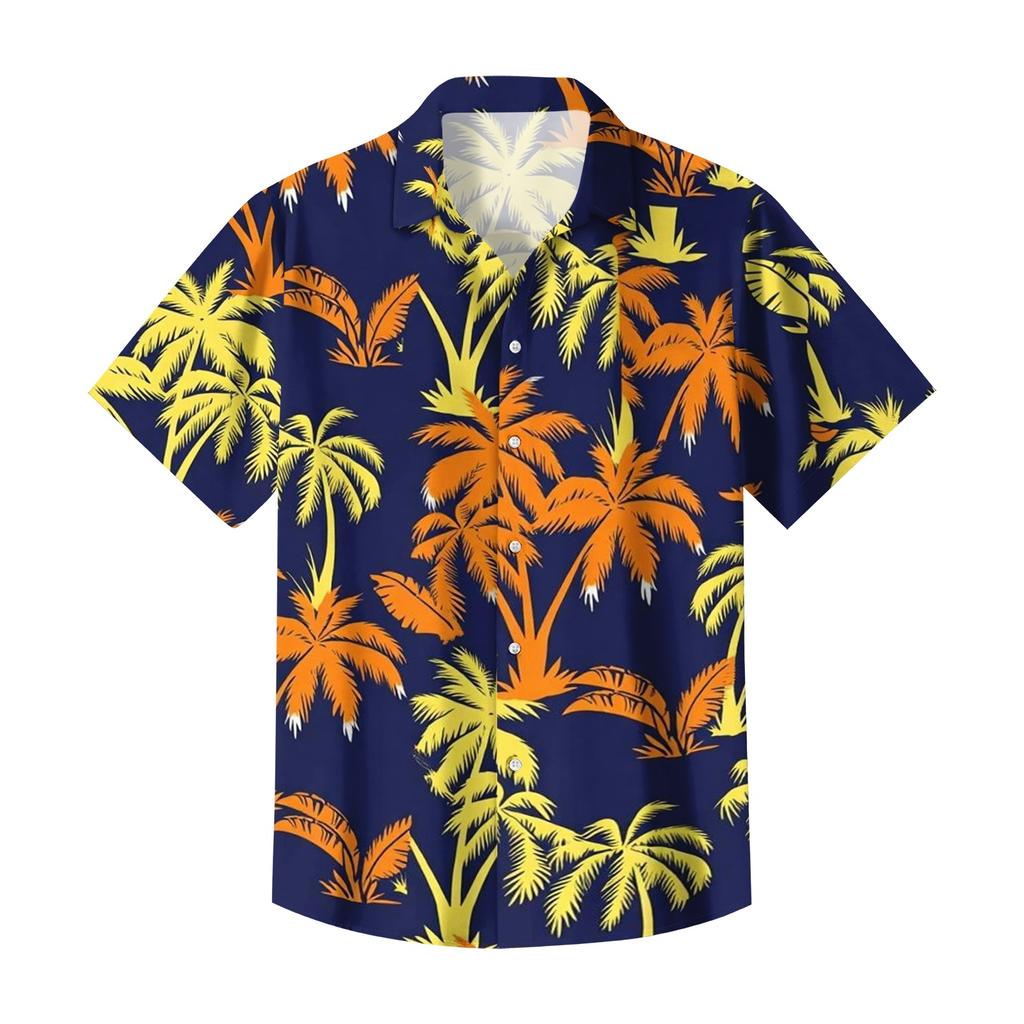 Men's Casual Loose Fit Short Sleeve Shirt Hawaiian Style Button Down Tropical Leaf Print Summer Beachwear Shirt