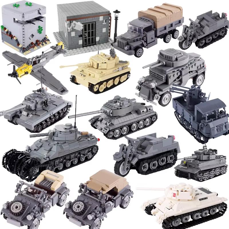 MOC WW2 Military War Vehicle Building Blocks Army Soldier US Spitfire Tank Armored Vehicle BF109 Fighter Jet Prison Cage Toys