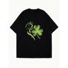 Oversized T-shirt Zwarte Kat en Klaver Print Casual Streetwear Voor Vrouwen