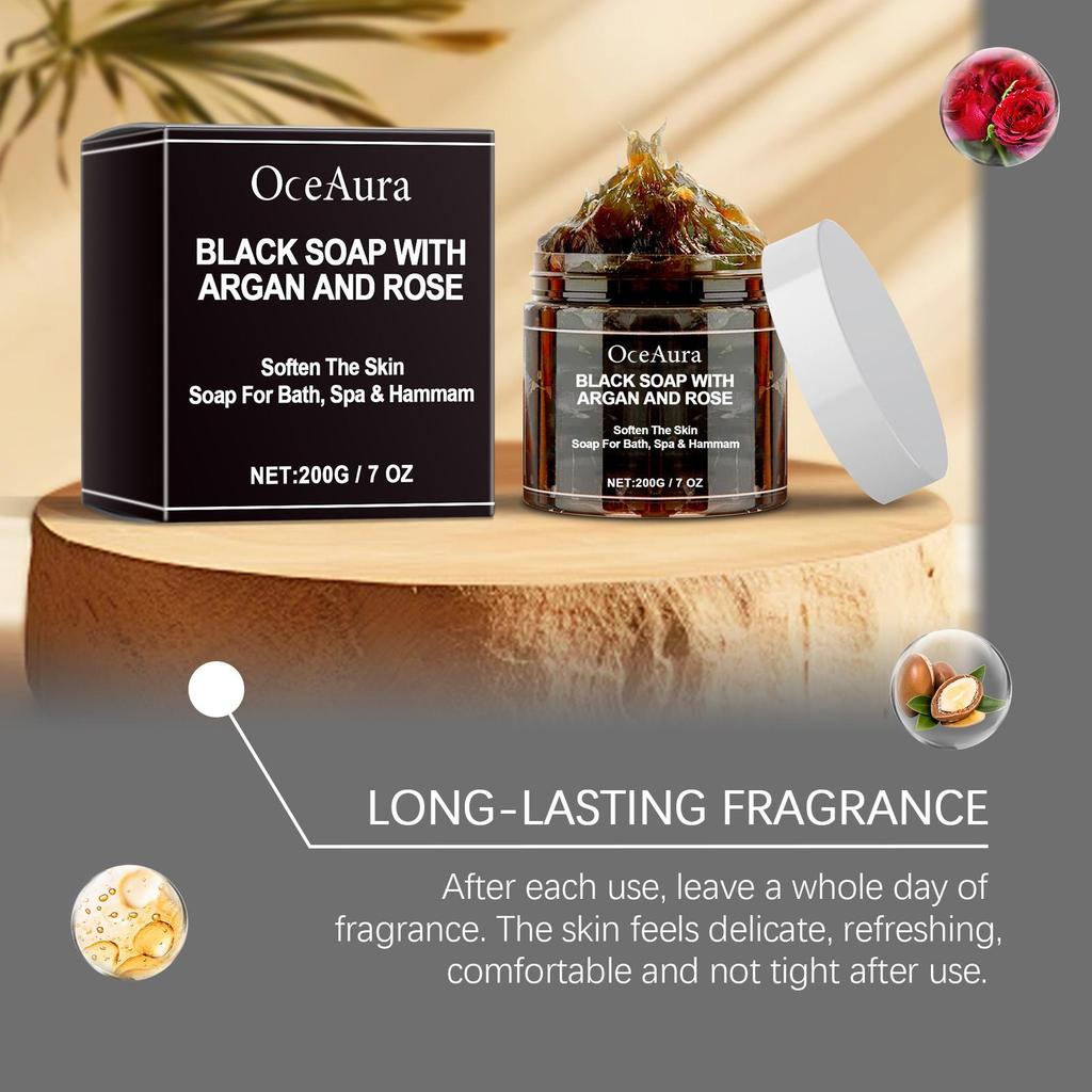 Schwarze Seife mit Argan und Rose Beldi Seife Ideal für Entfernung abgestorbener Haut Körperpeeling Reinigend Tiefenreinigung 200g/7 Oz