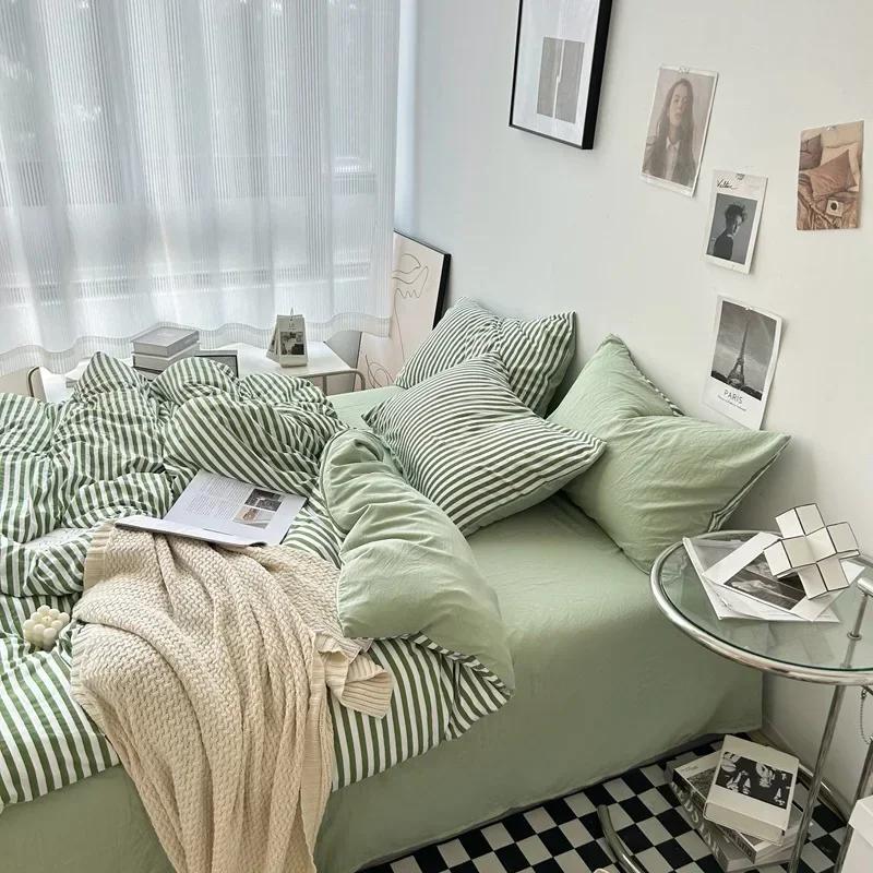 3/4PCS Striped Plaid Duvet Cover Set with Sheet 2Pillowcases Soft Skin Friendly No Filling Warm Twin Full Queen Size Bedding Set