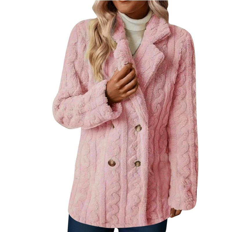 Women S Plush Double Breasted Mid Length Coat Notched Lapel Casual Warm Outerwear