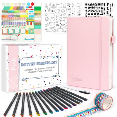 Feela Bullet Journal Synthetic A5 Dot Pen Included Notebook, Leather, Size, Grid, (Pink)