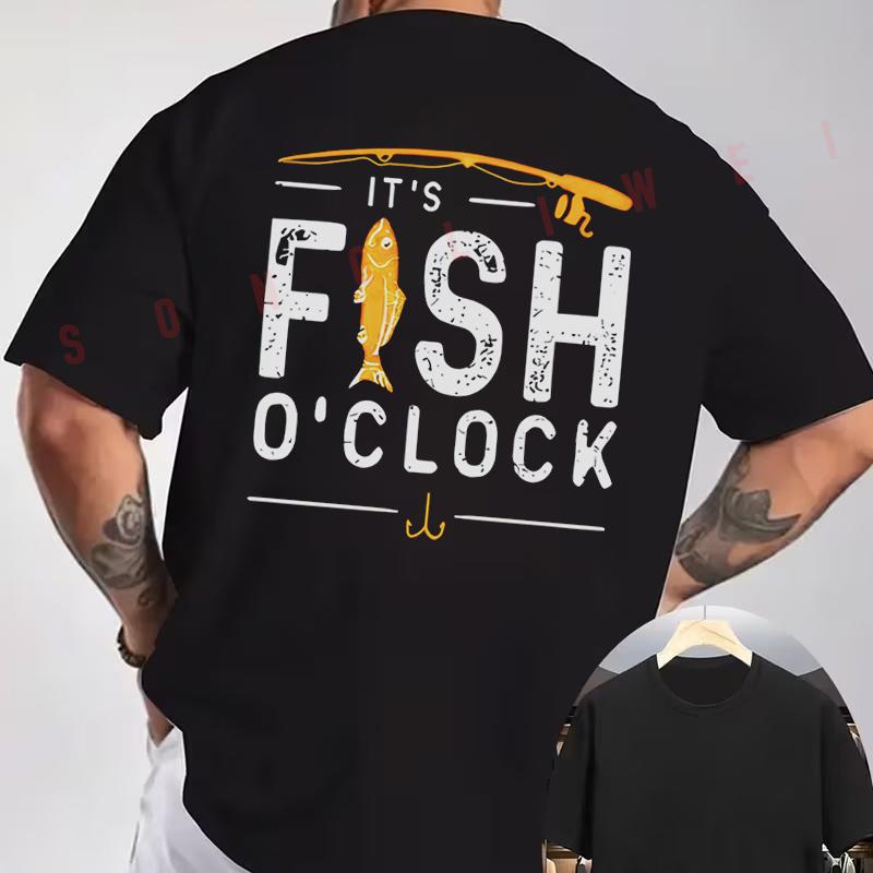 It'S Fish O'Clock Graphic Motorcycle T-Shirt Back Print Men's Short Sleeve O-neck Casual Tops