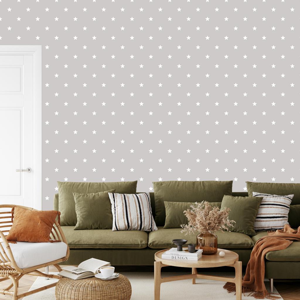 Wallpaper White stars on a gray background for the living room and bedroom 50x1000