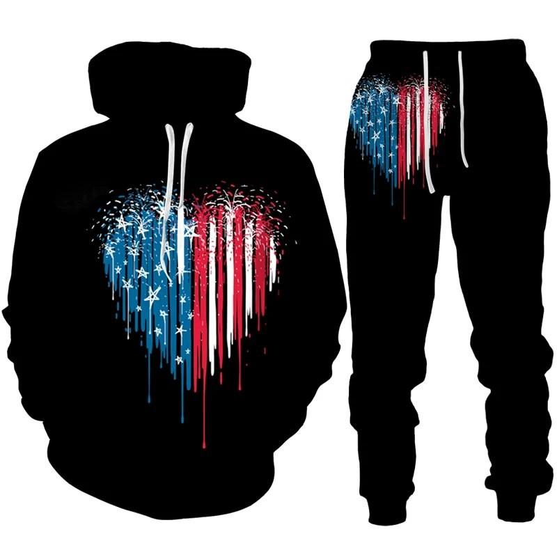 Men Hoodies 3D Print Sweet Love Heart Men Tracksuit Sets Fashion Casual Hoodie Pants Two Piece Set Men Sweatshirt Clothing Sets