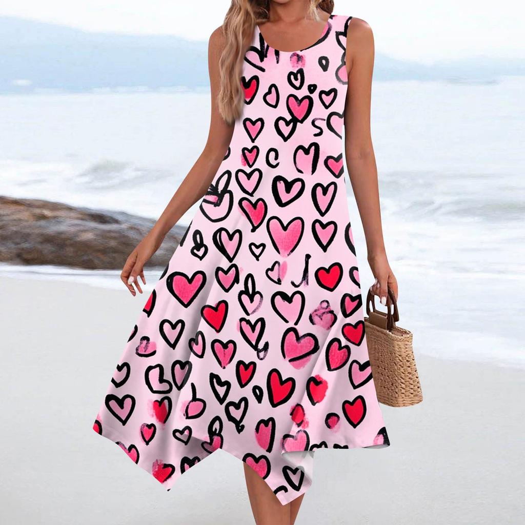 Lässiges, modisches Damen-Midikleid mit Rundhalsausschnitt, ärmellosem Aufdruck und unregelmäßigem Saum