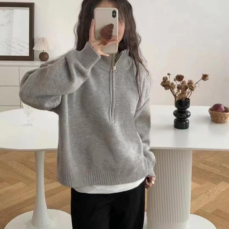 Autumn and Winter New Style Half Zipper Stand Collar Thick Design Knitted Sweater Lazy Style Sweater Jacket Top for Women
