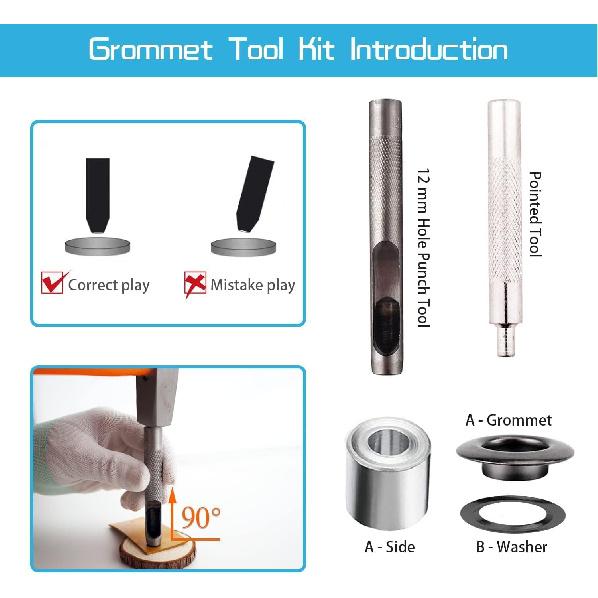 Grommet Tool Kit, 1/2 Inch Grommets Eyelets Sets,100 Sets Grommets, Eyelets Kit with 3 Pcs Leather Punch Tool, Stainless Steel Grommets for Fabric,