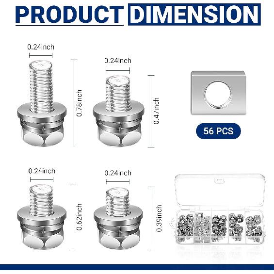 56 Pack Motorcycle Battery Terminal Nuts and Bolt Kit M6 X 10 Mm 12 Mm 16 Mm 20 Mm Bolt Square Nut Kit Stainless Steel Motorcycle Battery Screw and