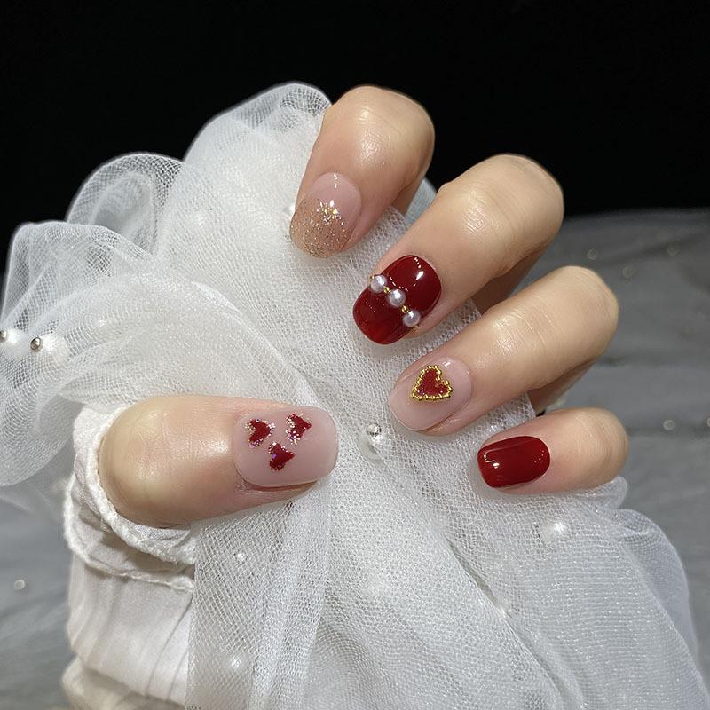 

Grade Nails High Red Heart Pearls Sparkling And Falling In Love At First Sight L