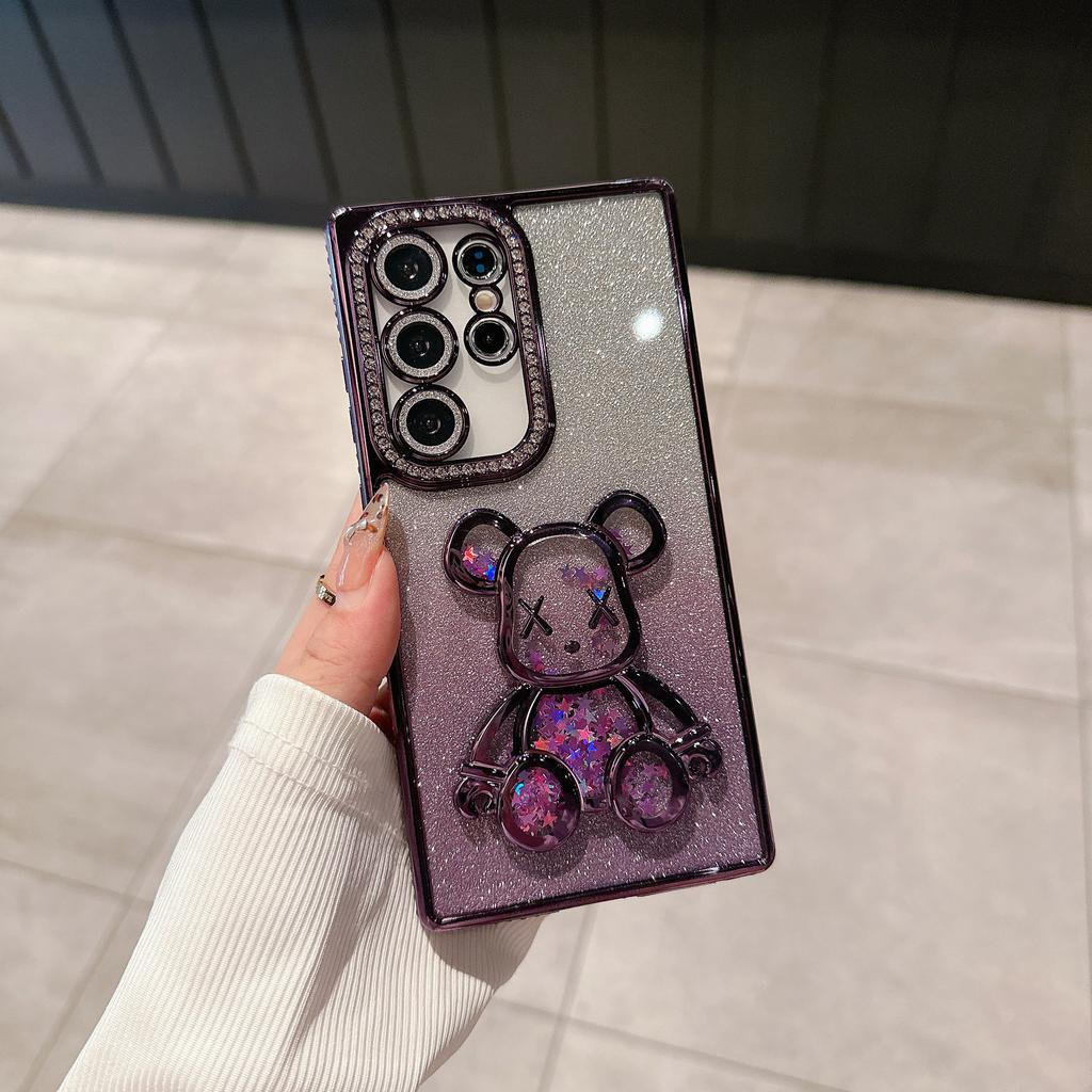Glitter Suitable for Samsung S25Ultra Quicksand Violent Bear Mobile Phone Case with Rhinestone Lens S24p Electroplating Protective Case