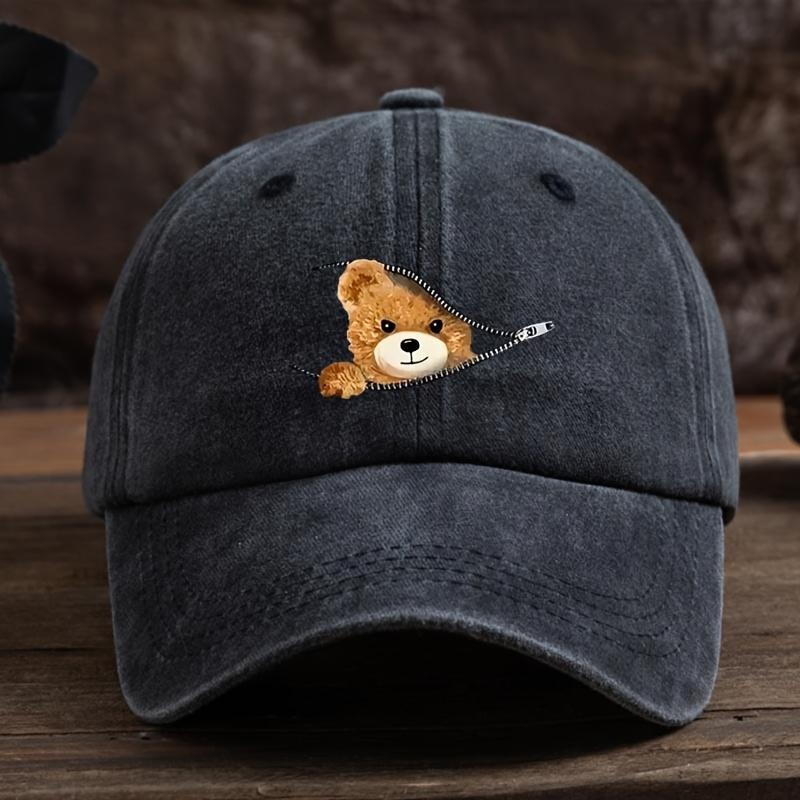 Zippered Bear Print Baseball Cap, Outdoor Sun Protection Cap, Stylish Full Duckbill Cap, Black, Machine Washable Baseball Cap