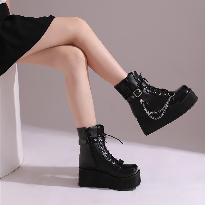 Women Ankle Boots Round Toe Wedge High Heels Rivets Chain Zipper Lace-up Short Boots Ladies Fashion Shoes Autumn Winter 46