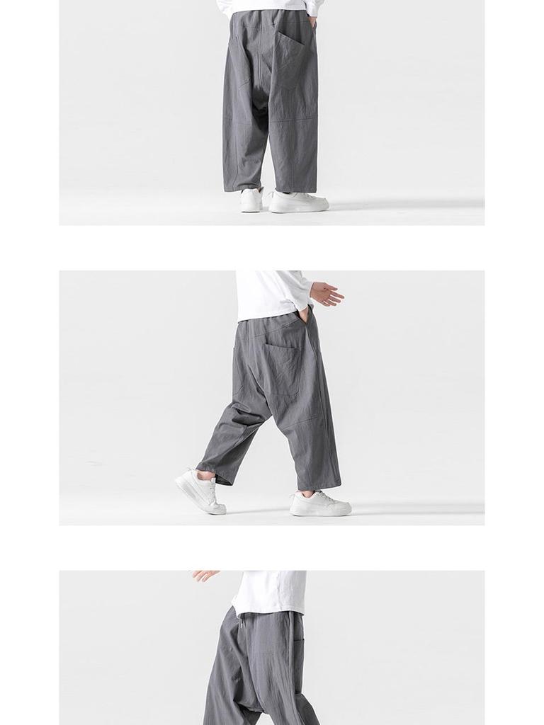 2024 Autumn/Winter Men's Cotton Linen Harem Pants - Chinese Style Patchwork, Casual Wide-Leg