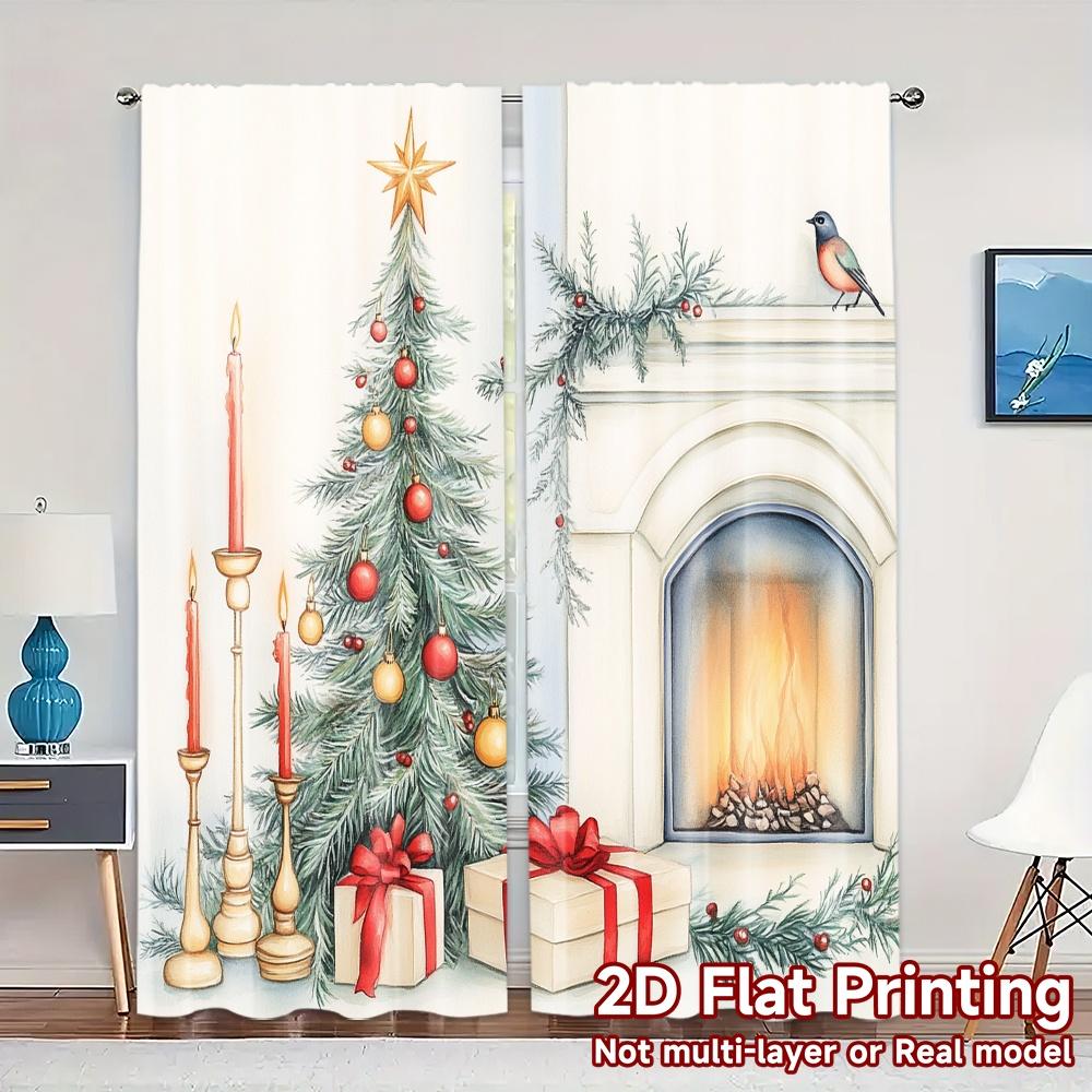 

2pcs,Curtains Christmas Bird Candle Ornament Fireplace (2) Pattern Popular Curtains Yarn Curtains Holiday Decorative for Living 52.50×116.00 CM 2pcs