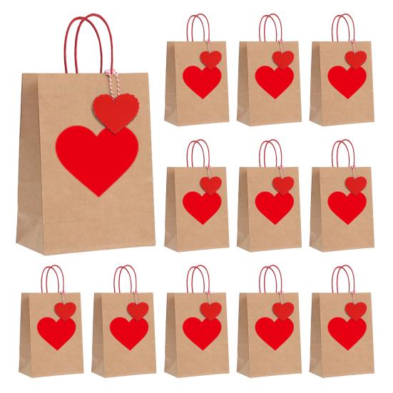Krafts Paper Bags Red Heart Design Eco-Friendly Gift Bags with Heart Tags And Hemp Rope Gift Packaging for Weddings Birthdays Mother's Day Party