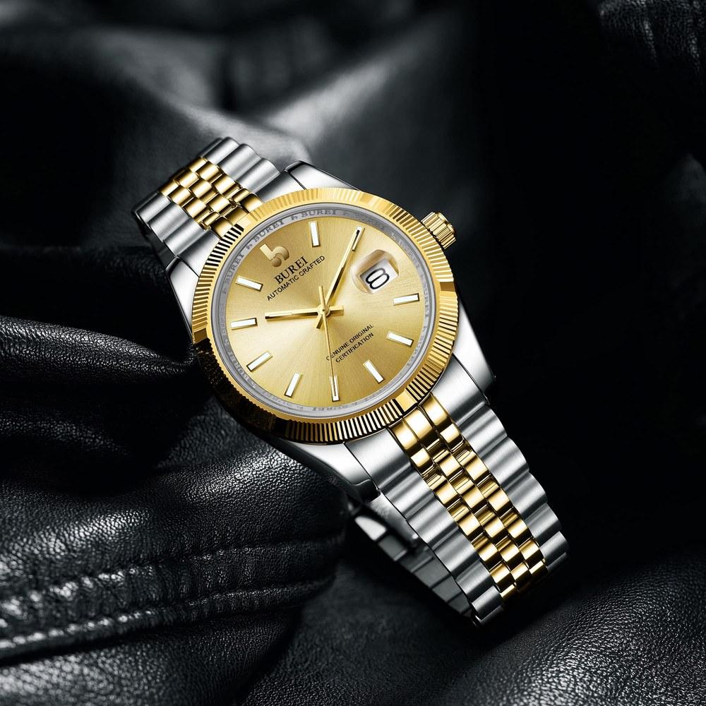 BUREI Men's Automatic Mechanical Watch Waterproof Analog Business Watch Date Gold Silver Stylish Simple Night Light