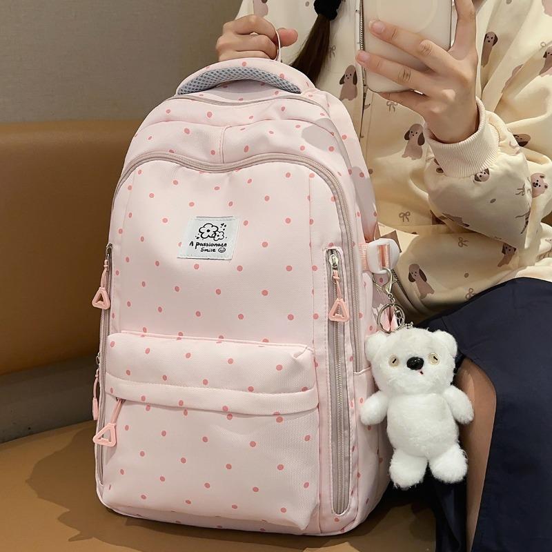 Einfacher Nylon-Rucksack mit Polka-Dots, niedliches Design, lässiger Schülerrucksack mit großem Fassungsvermögen und mehreren Fächern, geeignet für den täglichen Gebrauch und die Schule.