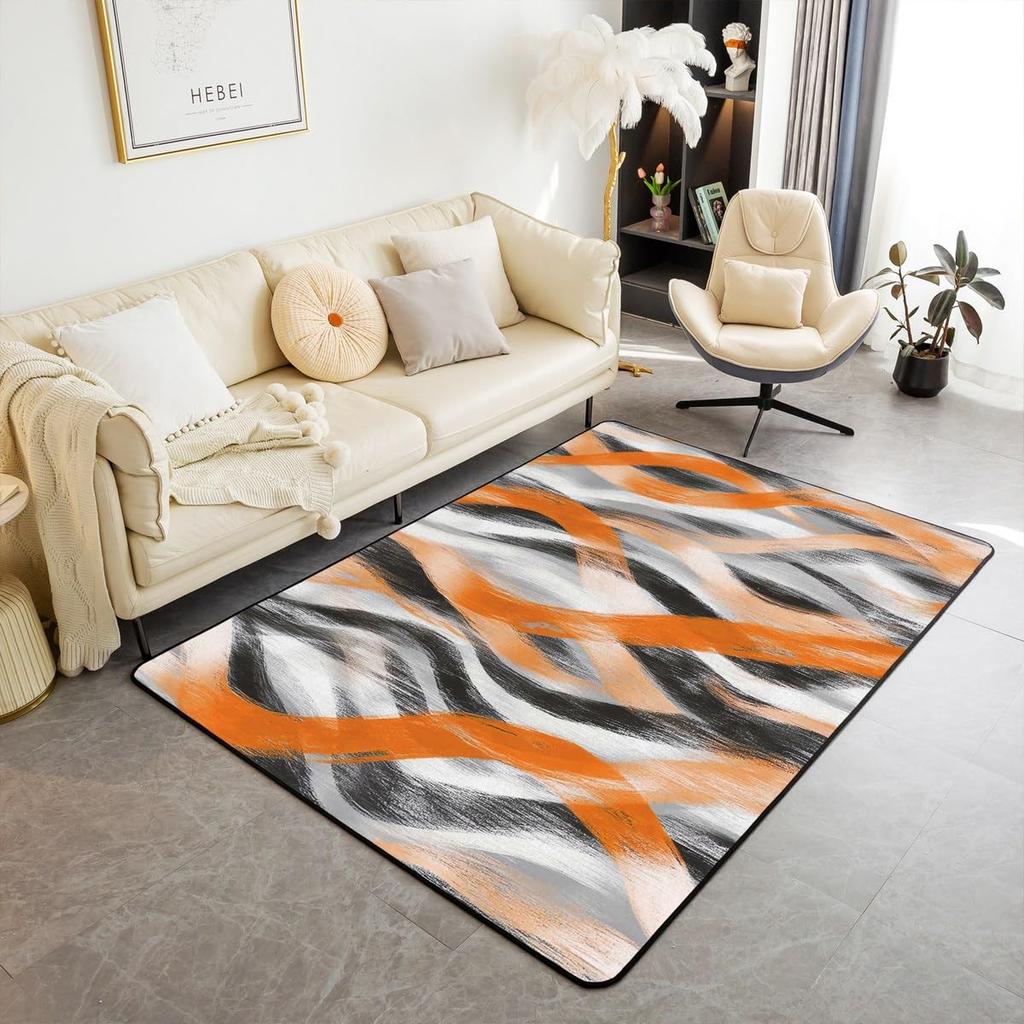 Modern Abstract Curve Print Area Rug, Black Pink & White Design Non-Slip Floor Mat for Living Room Bedroom Home Decor Carpet