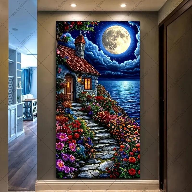 Large Size Seaside Flowers House Diamond Paintings New 2025 5D Diy Diamond Mosaic Embroidery Moon Scenery Art Unique Room Art