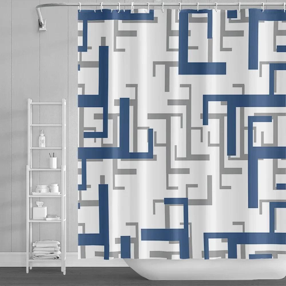 Modern Geometric Shower Curtain Blue Waterproof Shower Curtains Polyester Bath Curtain Bathroom Textured Fabric Machine Washable