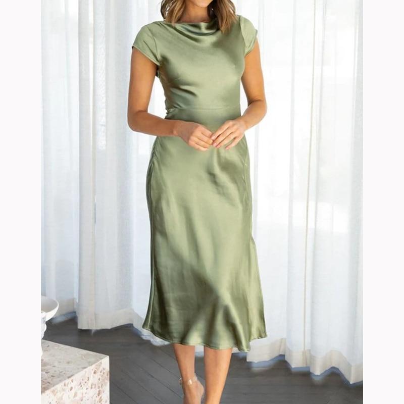 2026 Summer Womens Sexy Dress Elegant Solid Satin Swinging Neck Short Sleeve Dress Back Twisted Hollow Mid Length Dresses 28311