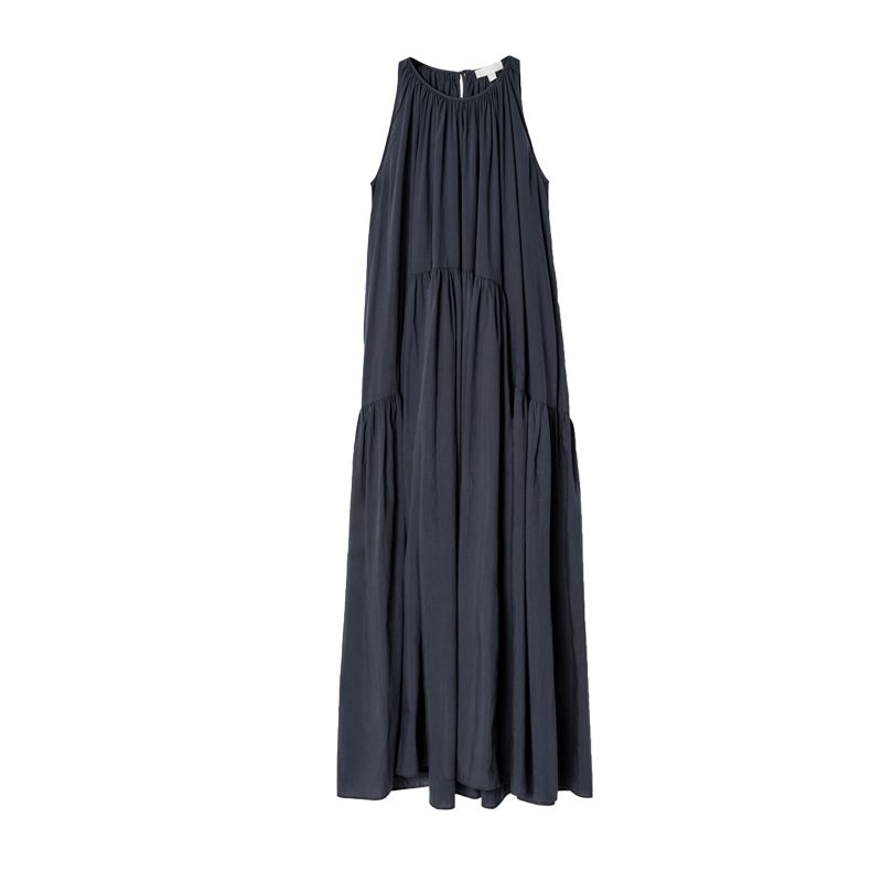 Spring New Women's Clothing Round Neck Sleeveless High Waist A- Line Casual Version Pleated Long Dress 1266203