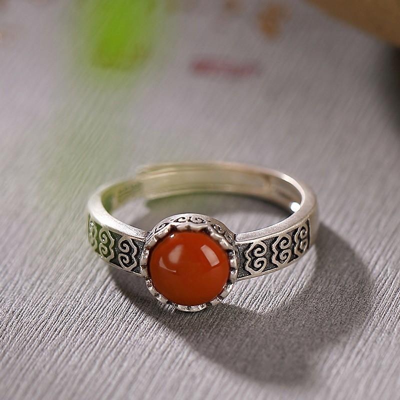 Adjustable Vintage Ethnic Style Red Agate Cloud Ruyi Ring Women Men Copper Jewelry With Retro Geometric Design