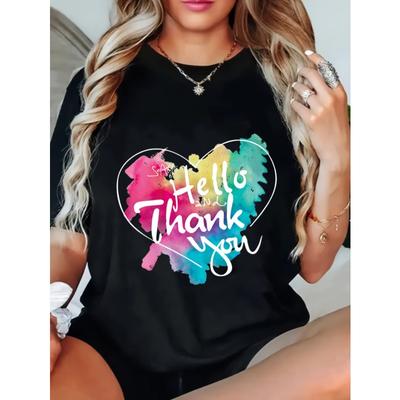 Women Casual T Shirt Black Hello and Thank You Watercolor Heart Print Graphic Tee Daily Wear Fashion Top
