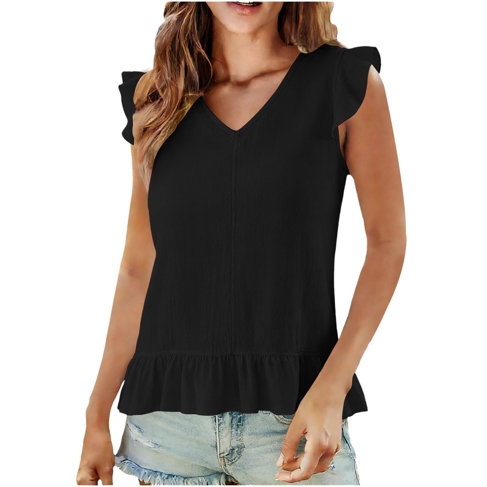 

Женские топы без рукавов Милые с V-образным вырезом с оборками Элегантные легкие льняные майки Блузки L чёрный
